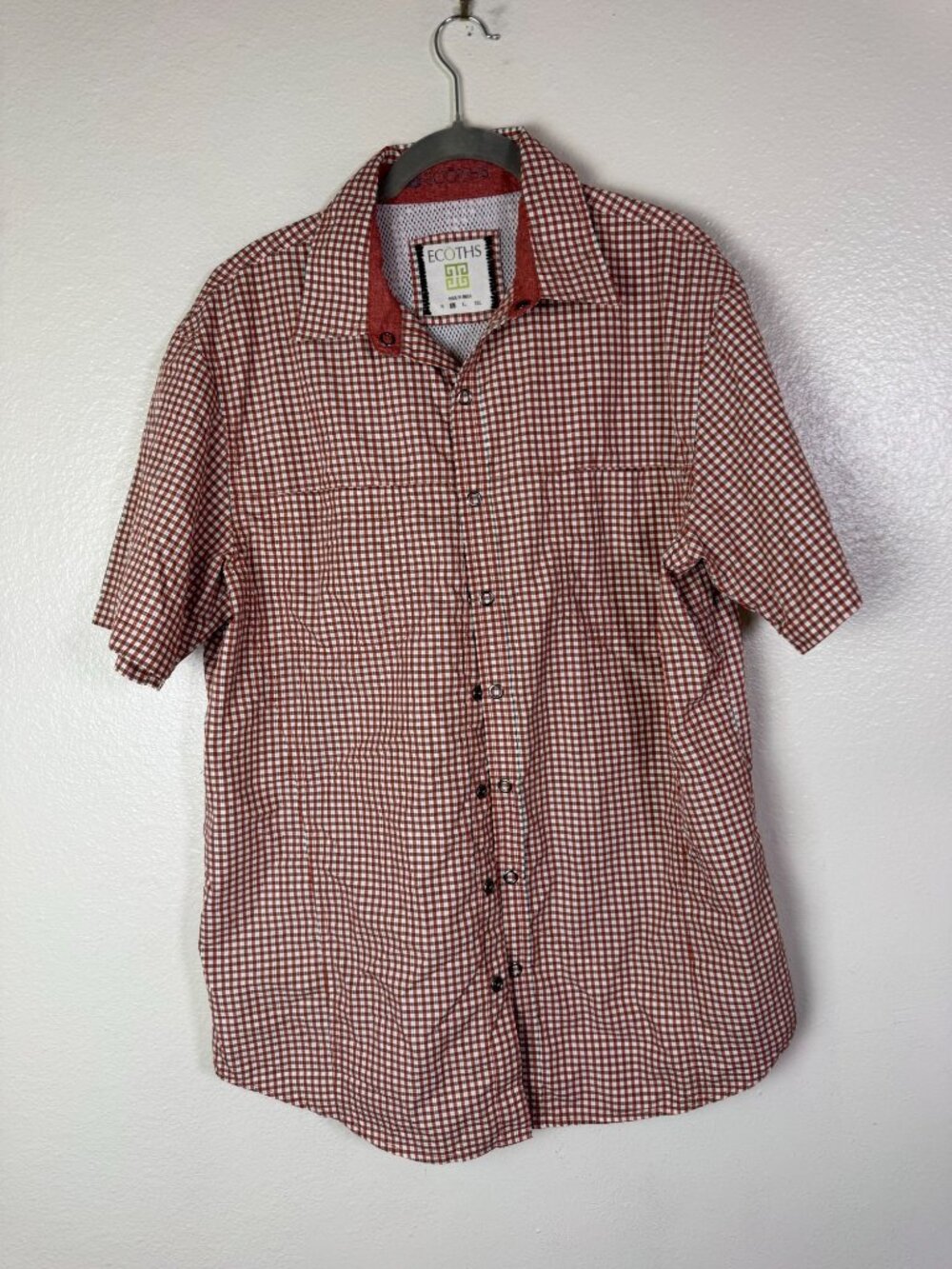 Ecoths Mens Red Plaid Short Sleeve Button Up Shirt Large vented Fishing camping